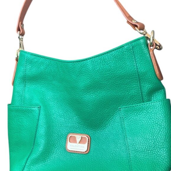 Valentina Italian Leather Green Pebble Satchel Purse Gold Hardware - Picture 1 of 12